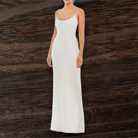 MAC DUGGAL Women’s Beaded Spaghetti Strap Column Gown in the Size 6 in White - Picture 2 of 16
